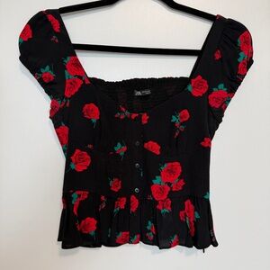 Zara Black and Red Floral Blouse